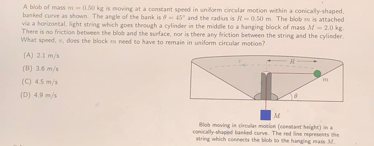 A blob of mass m = 0.50 kg is moving at a constant speed in uniform circular motion within a conically-shaped,
banked curve as shown. The angle of the bank is 0 = 45° and the radius is R = 0.50 m. The blob m is attached
via a horizontal, light string which goes through a cylinder in the middle to a hanging block of mass M = 2.0 kg.
There is no friction between the blob and the surface, nor is there any friction between the string and the cylinder.
What speed, v, does the block m need to have to remain in uniform circular motion?
%3D
(A) 2.1 m/s
R -
(B) 3.6 m/s
m
(C) 4.5 m/s
(D) 4.9 m/s
M
Blob moving in circular motion (constant height) in a
conically-shaped banked curve. The red line represents the
string which connects the blob to the hanging mass M.
