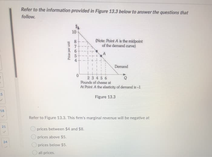 5
18
✓
21
✓
24
Refer to the information provided in Figure 13.3 below to answer the questions that
follow.
Price per unit
Oprices above $5.
prices below $5.
all prices.
10
87654
I
(Note: Point A is the midpoint
of the demand curve)
Demand
23456
Pounds of cheese at
At Point A the elasticity of demand is -1
Figure 13.3
Refer to Figure 13.3. This firm's marginal revenue will be negative at
prices between $4 and $8.