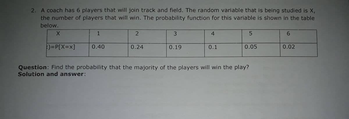 2. A coach has 6 players that will join track and field. The random variable that is being studied is X,
the number of players that will win. The probability function for this variable is shown in the table
below.
3.
4
6.
)=P[X=x]
0.40
0.24
0.19
0.1
0.05
0.02
Question: Find the probability that the majority of the players will win the play?
Solution and answer:
