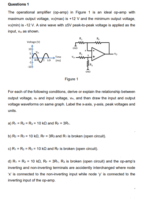 Questions 1
The operational amplifier (op-amp) in Figure 1 is an ideal op-amp with
maximum output voltage, vo(max) is +12 V and the minimum output voltage,
vo(min) is -12 V. A sine wave with +5V peak-to-peak voltage is applied as the
input, vin as shown.
R.
RE
Voltage (V)
GND
10-
Vin
R2
Vin
Vo
Time
0.5
-5
-10-
1 1.5
(ms)
GND
Figure 1
For each of the following conditions, derive or explain the relationship between
output voltage, vo and input voltage, Vin, and then draw the input and output
voltage waveforms on same graph. Label the x-axis, y-axis, peak voltages and
units.
a) R1 = R2 = R3 = 10 kQ and RF = 3R1.
b) R2 = R3 = 10 kn, RF = 3R2 and R1 is broken (open circuit).
c) R1 = R2 = R3 = 1O kN and Re is broken (open circuit).
d) R; = R2 = 10 kQ, RF = 3R1, R3 is broken (open circuit) and the op-amp's
inverting and non-inverting terminals are accidently interchanged where node
'x' is connected to the non-inverting input while node 'y' is connected to the
inverting input of the op-amp.
