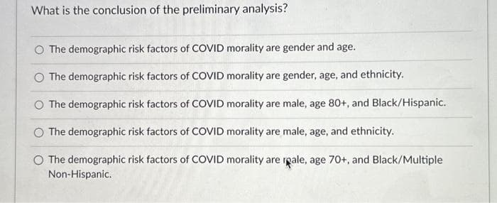 What is the conclusion of the preliminary analysis?
O The demographic risk factors of COVID morality are gender and age.
O The demographic risk factors of COVID morality are gender, age, and ethnicity.
O The demographic risk factors of COVID morality are male, age 80+, and Black/Hispanic.
O The demographic risk factors of COVID morality are male, age, and ethnicity.
O The demographic risk factors of COVID morality are reale, age 70+, and Black/Multiple
Non-Hispanic.