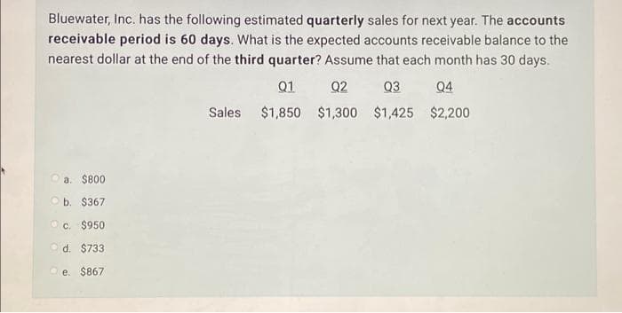 Bluewater, Inc. has the following estimated quarterly sales for next year. The accounts
receivable period is 60 days. What is the expected accounts receivable balance to the
nearest dollar at the end of the third quarter? Assume that each month has 30 days.
Q2 Q3 Q4
$1,300 $1,425 $2,200
Ⓒa. $800
b. $367
c. $950
d. $733
Qe. $867
Q1
Sales $1,850