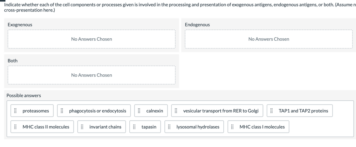 Indicate whether each of the cell components or processes given is involved the processing and presentation of exogenous antigens, endogenous antigens, or both. (Assume n
cross-presentation here.)
Exognenous
Both
Possible answers
proteasomes
MHC class II molecules
No Answers Chosen
No Answers Chosen
phagocytosis or endocytosis
invariant chains
calnexin
tapasin
Endogenous
No Answers Chosen
vesicular transport from RER to Golgi
lysosomal hydrolases
TAP1 and TAP2 proteins
MHC class I molecules