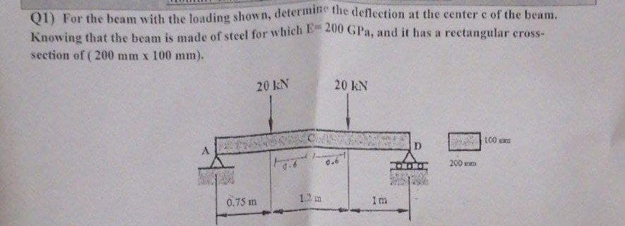 Q1) For the beam with the loading shown, determine the deflection at the center c of the beam.
Knowing that the beam is made of steel for which E= 200 GPa, and it has a rectangular cross-
section of (200 mm x 100 mm).
20 KN
20 KN
100
D
0.75 m
1.2 m
1m
200 m