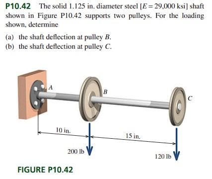 P10.42 The solid 1.125 in. diameter steel [E = 29,000 ksi] shaft
shown in Figure P10.42 supports two pulleys. For the loading
shown, determine
(a) the shaft deflection at pulley B.
(b) the shaft deflection at pulley C.
10 in.
200 lb
FIGURE P10.42
B
15 in.
120 lb
C