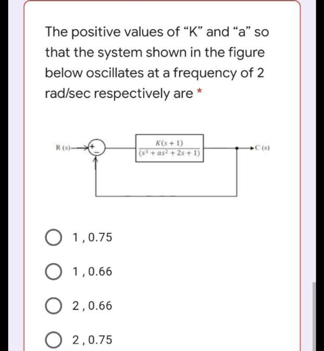 The positive values of "K" and "a" so
that the system shown in the figure
below oscillates at a frequency of 2
rad/sec respectively are
K(s+ 1)
R (s)-
C(s)
(s + as? + 2s + 1)
O 1,0.75
O 1,0.66
2,0.66
2,0.75
