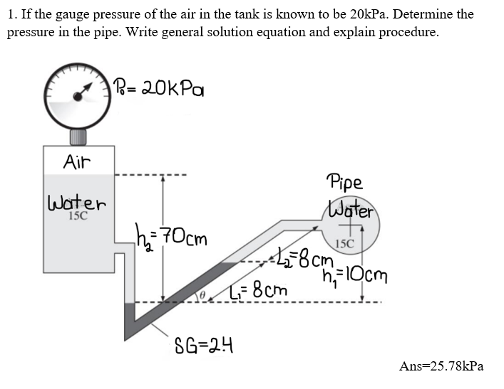 1. If the gauge pressure of the air in the tank is known to be 20kPa. Determine the
pressure in the pipe. Write general solution equation and explain procedure.
P=20kPa
Pipe
Water
_h=70cm
15C
h₁=10cm
Air
Water
15C
1₁₂-8cm
L₁= 8cm
SG=24
Ans=25.78kPa