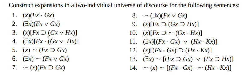 Construct expansions in a two-individual universe of discourse for the following sentences:
1. (x)(Fx - Gx)
2. Вx)(Fx v Gx)
3. (х)[Fx D (Gx v Hx)]
4. (Вx)[Fx (Gxv Нх)]
5. (x) ~ (Fx Ɔ Gx)
6. (Ix) ~ (Fx v Gx)
7. - (x)(Fx Ɔ Gx)
8. - (3x)(Fx v Gx)
9. (x)[Fx Ɔ (Gx Ɔ Hx)]
10. (x)[Fx Ɔ ~ (Gx · Hx)]
~
11. (3x)[(Fx · Gx) v (Hx · Kx)]
12. (x)[(Fx Gх) — (Нх Кх)]
13. (3x) ~ [(FxƆ Gx) v (Fx Ɔ Hx)]
14. - (x) ~ [(Fx · Gx) · ~ (Hx · Kx)]
