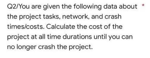 Q2/You are given the following data about
the project tasks, network, and crash
times/costs. Calculate the cost of the
project at all time durations until you can
no longer crash the project.
