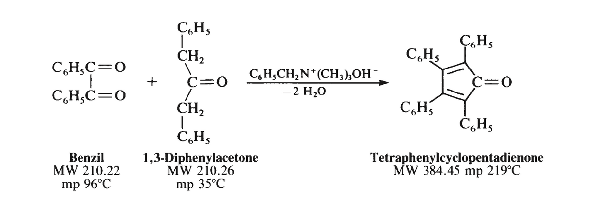 C₂H₂C=0
|
CH,C=O
Benzil
MW 210.22
mp 96°C
C6H5
1
CH₂
C=O
C6H₂CH₂N*(CH3)3OH¯
- 2 H₂O
/
CH₂
T
C6H5
1,3-Diphenylacetone
MW 210.26
mp 35°C
C₁Hs
C6H,
C6H5
C=O
C₂H₁
Tetraphenylcyclopentadienone
MW 384.45 mp 219°C