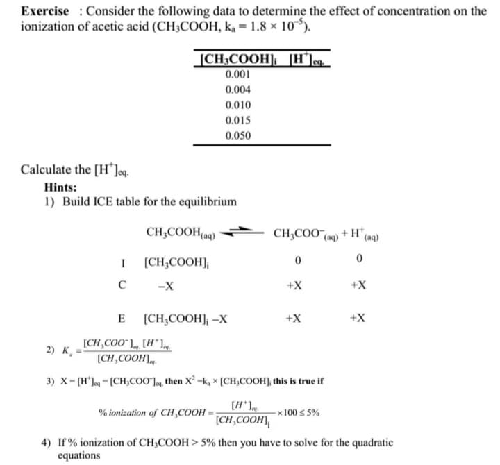 Exercise Consider the following data to determine the effect of concentration on the
ionization of acetic acid (CH3COOH, ka = 1.8 × 105).
[CH3COOH]_[H*]eg.__
Calculate the [H*]eq.
Hints:
1) Build ICE table for the equilibrium
I
C
2) K-
E
CH3COOH(aq)
[CH3COOH];
-X
0.001
0.004
0.010
0.015
0.050
[CH3COOH]; -X
% ionization of CH,COOH
CH3COO
0
+X
+X
[CH₂COO"] [H]g.
[CH₂COOH)
3) X=[H]q[CH₂COO], then X²-k₁ x [CH₂COOH], this is true if
[H]q
[CH,COOH]
(aq)
-x100 ≤ 5%
+H* (aq)
0
+X
+X
4) If % ionization of CH3COOH > 5% then you have to solve for the quadratic
equations