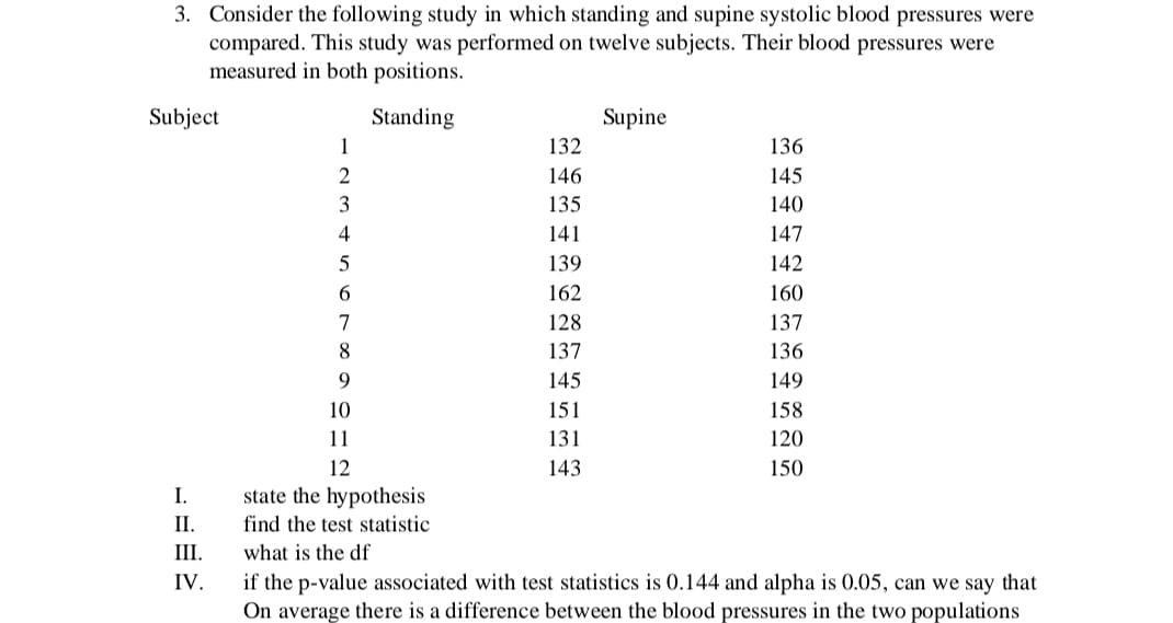 3. Consider the following study in which standing and supine systolic blood pressures were
compared. This study was performed on twelve subjects. Their blood pressures were
measured in both positions.
Subject
Standing
Supine
1
132
136
2
146
145
3
135
140
4
141
147
139
142
6.
162
160
7
128
137
8.
137
136
145
149
10
151
158
11
131
120
12
143
150
I.
state the hypothesis
II.
find the test statistic
III.
what is the df
IV.
if the p-value associated with test statistics is 0.144 and alpha is 0.05, can we say that
On average there is a difference between the blood pressures in the two populations
