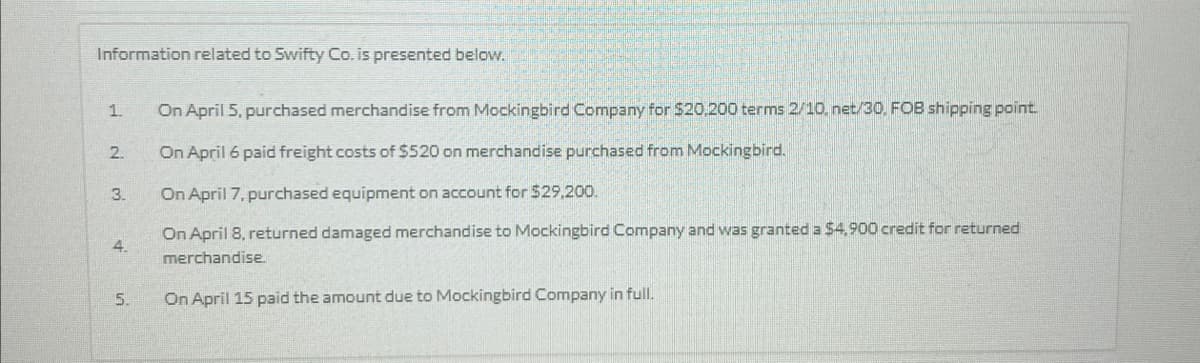 Information related to Swifty Co. is presented below.
1
2.
3.
4
5.
On April 5, purchased merchandise from Mockingbird Company for $20,200 terms 2/10.net/30, FOB shipping point.
On April 6 paid freight costs of $520 on merchandise purchased from Mockingbird.
On April 7, purchased equipment on account for $29,200.
On April 8, returned damaged merchandise to Mockingbird Company and was granted a $4,900 credit for returned
merchandise.
On April 15 paid the amount due to Mockingbird Company in full.