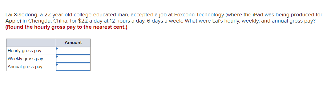 Lai Xiaodong, a 22-year-old college-educated man, accepted a job at Foxconn Technology (where the iPad was being produced for
Apple) in Chengdu, China, for $22 a day at 12 hours a day, 6 days a week. What were Lai's hourly, weekly, and annual gross pay?
(Round the hourly gross pay to the nearest cent.)
Hourly gross pay
Weekly gross pay
Annual gross pay
Amount