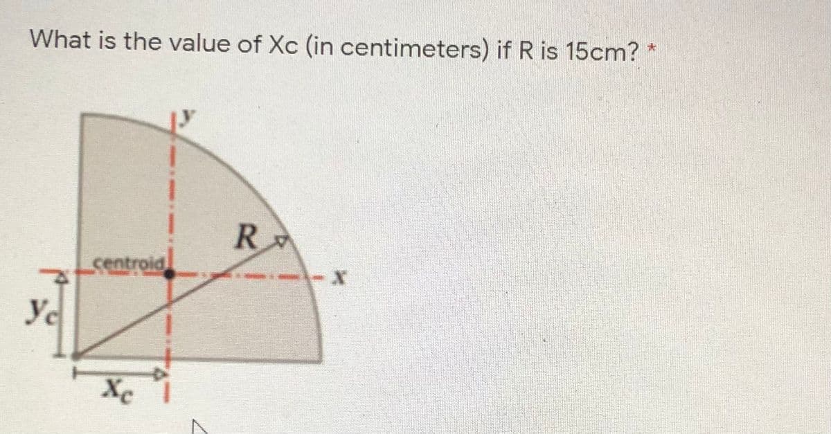 What is the value of Xc (in centimeters) if R is 15cm? *
R
sentroid
Xe 1
