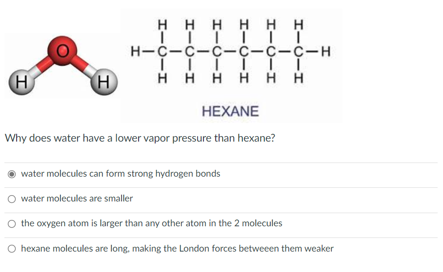 Η Η Η Η Η Η
||||||
H-C-C-C-C-C-C-H
| | | | | |
HHHHHH
H
H
HEXANE
Why does water have a lower vapor pressure than hexane?
water molecules can form strong hydrogen bonds
water molecules are smaller
the oxygen atom is larger than any other atom in the 2 molecules
O hexane molecules are long, making the London forces betweeen them weaker