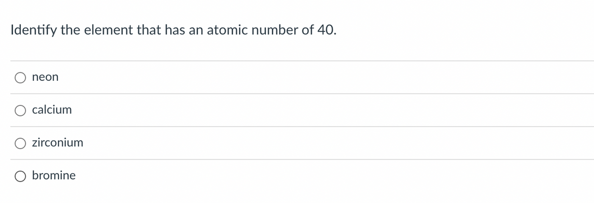 Identify the element that has an atomic number of 40.
neon
calcium
zirconium
O bromine