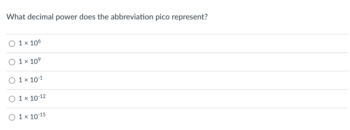 What decimal power does the abbreviation pico represent?
1 x 106
1 × 10⁹
1 x 10-1
1 x 10-12
1 x 10-15
