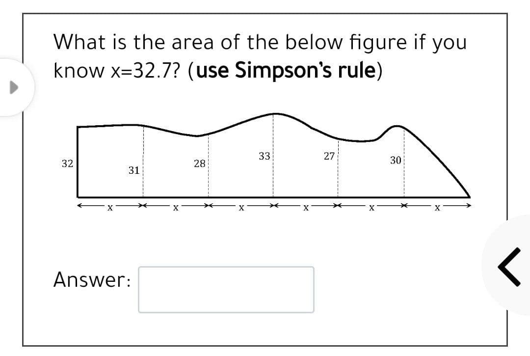 What is the area of the below figure if you
know x=32.7? (use Simpson's rule)
33
27
32
28
30
31
X
Answer:
