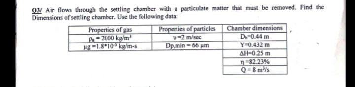 Q31 Air flows through the settling chamber with a particulate matter that must be removed. Find the
Dimensions of settling chamber. Use the following data:
Properties of gas
Pe=2000 kg/m
Hg =1.8*10 kg/m-s
Properties of particles
v =2 m/sec
Dp.min = 66 um
Chamber dimensions
D-0.44 m
Y=0.432 m
AH-0.25 m
n=82.23%
Q=8 m/s
