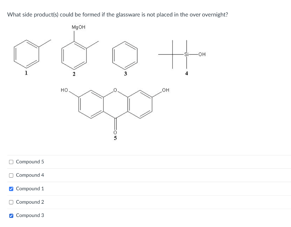 What side product(s) could be formed if the glassware is not placed in the over overnight?
Mg OH
3
Q&QH
hogo
1
O Compound 5
O Compound 4
✔Compound 1
O Compound 2
✔Compound 3
HO
2
OH
Si -OH