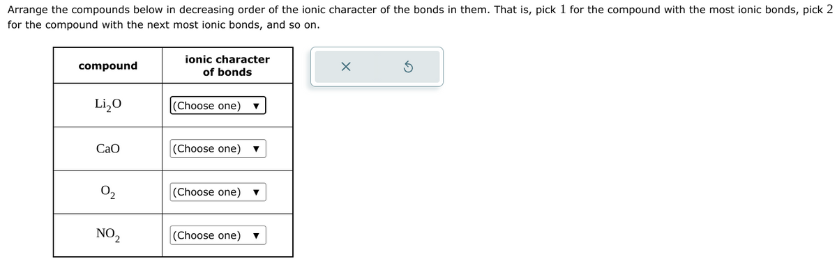 Arrange the compounds below in decreasing order of the ionic character of the bonds in them. That is, pick 1 for the compound with the most ionic bonds, pick 2
for the compound with the next most ionic bonds, and so on.
compound
Li₂O
CaO
NO₂
ionic character
of bonds
(Choose one)
(Choose one)
(Choose one) ▼
(Choose one) ▼
x