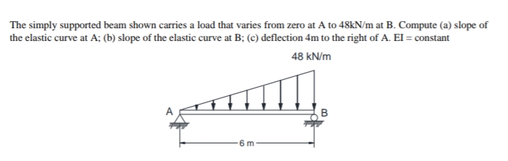 The simply supported beam shown carries a load that varies from zero at A to 48KN/m at B. Compute (a) slope of
the elastic curve at A; (b) slope of the elastic curve at B; (c) deflection 4m to the right of A. EI = constant
48 kN/m
6 m
