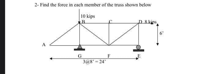 2- Find the force in each member of the truss shown below
10 kips
B
A
G
3@8' = 24'
F
E
8 kips