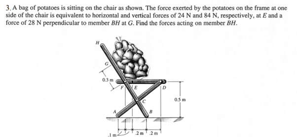 3. A bag of potatoes is sitting on the chair as shown. The force exerted by the potatoes on the frame at one
side of the chair is equivalent to horizontal and vertical forces of 24 N and 84 N, respectively, at E and a
force of 28 N perpendicular to member BH at G. Find the forces acting on member BH.
0.3 m
X-
2 m
2 m
0.5 m