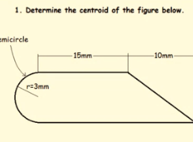 1. Determine the centroid of the figure below.
emicircle
– 15mm-
-10mm
r=3mm
