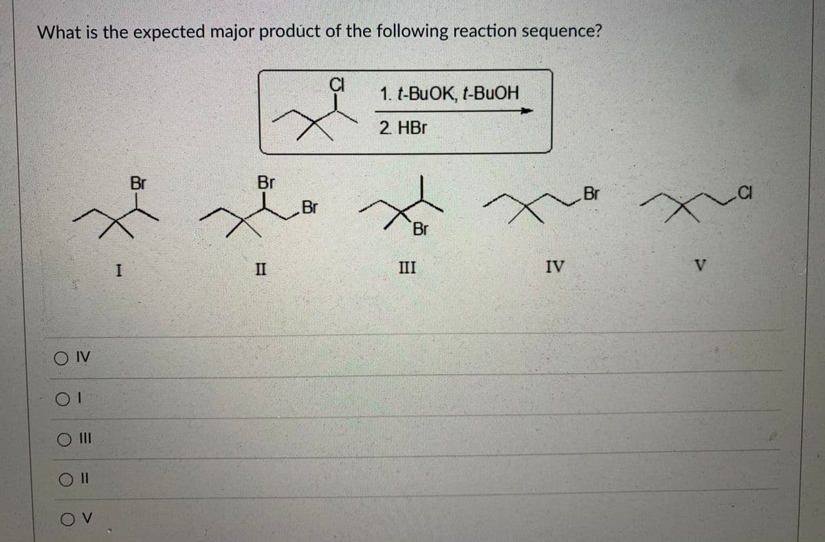 What is the expected major prodúct of the following reaction sequence?
CI
1. t-BUOK, t-BuOH
2. HBr
Br
Br
CI
Br
II
III
IV
IV
OII
Ov
Br
Br

