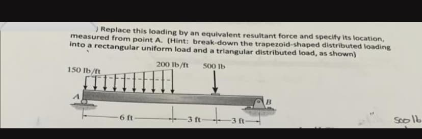 Replace this loading by an equivalent resultant force and specify its location,
measured from point A. (Hint: break-down the trapezoid-shaped distributed loading
into a rectangular uniform load and a triangular distributed load, as shown)
200 lb/ft 500 lb
150 lb/ft
6 ft
-3 ft
-3 ft-
B
Soo 16