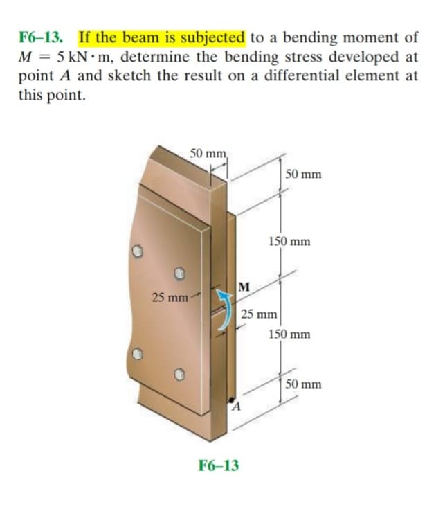 F6-13. If the beam is subjected to a bending moment of
M = 5 kN m, determine the bending stress developed at
point A and sketch the result on a differential element at
this point.
50 mm,
50 mm
25 mm-
M
A
F6-13
150 mm
25 mm
150 mm
50 mm