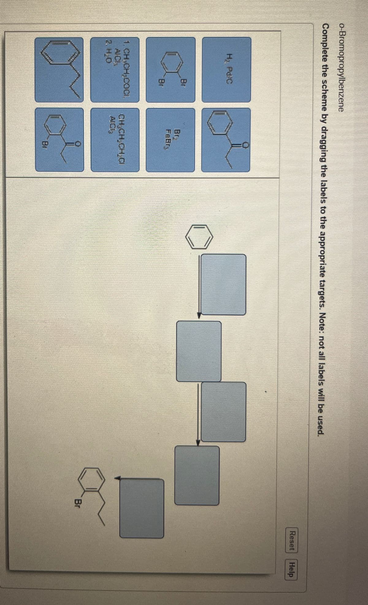 o-Bromopropylbenzene
Complete the scheme by dragging the labels to the appropriate targets. Note: not all labels will be used.
H₂ Pd/C
Br
Br
Br
FeBr
1. CHÍCH CÓC
AIC
2. HO
CH.CH,CH,CI
AICI
Br
Br
Reset
Help