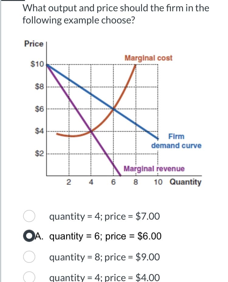 What output and price should the firm in the
following example choose?
Price
$10
$8
$6
$4
$2
2
4
6
Marginal cost
Firm
demand curve
Marginal revenue
8 10 Quantity
O quantity = 4; price = $7.00
OA. quantity = 6; price = $6.00
O quantity = 8; price = $9.00
quantity = 4; price = $4.00