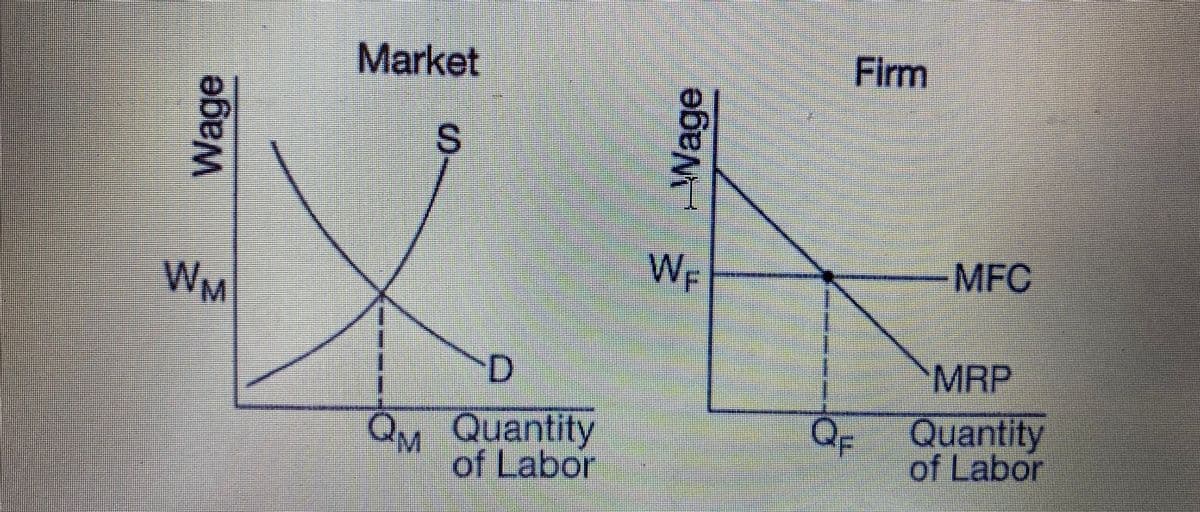 Market
Firm
S.
W
We
-MFC
M.
D
MRP
QM Quantity
of Labor
QF
Quantity
of Labor
Wage
Wage
