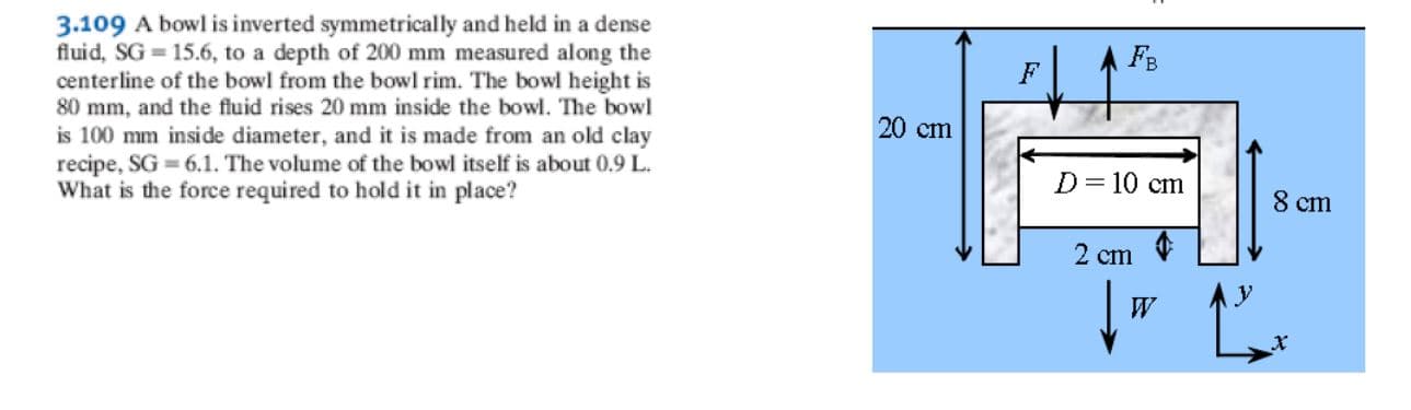 3.109 A bowl is inverted symmetrically and held in a dense
fluid, SG = 15.6, to a depth of 200 mm measured along the
centerline of the bowl from the bowl rim. The bowl height is
80 mm, and the fluid rises 20 mm inside the bowl. The bowl
is 100 mm inside diameter, and it is made from an old clay
recipe, SG = 6.1. The volume of the bowl itself is about 0.9 L.
What is the force required to hold it in place?
AFB
F
20 cm
D= 10 cm
8 cm
2 cm
W
