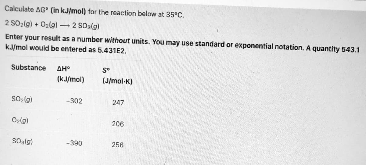 Calculate AG° (in kJ/mol) for the reaction below at 35°C.
2 SO2(g) + O2(g)2 SO3(g)
your result as a number without units. You may use standard or exponential notation. A quantity 543.1
kJ/mol would be entered as 5.431E2.
Enter
Substance
ΔΗ
(kJ/mol)
(J/mol-K)
SO2(g)
-302
247
O2(g)
206
SO3(g)
-390
256
