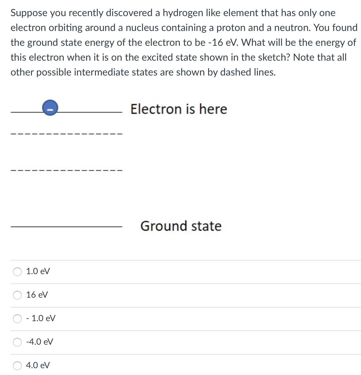 Suppose you recently discovered a hydrogen like element that has only one
electron orbiting around a nucleus containing a proton and a neutron. You found
the ground state energy of the electron to be -16 eV. What will be the energy of
this electron when it is on the excited state shown in the sketch? Note that all
other possible intermediate states are shown by dashed lines.
Electron is here
Ground state
1.0 eV
16 eV
- 1.0 eV
-4.0 eV
4.0 eV
