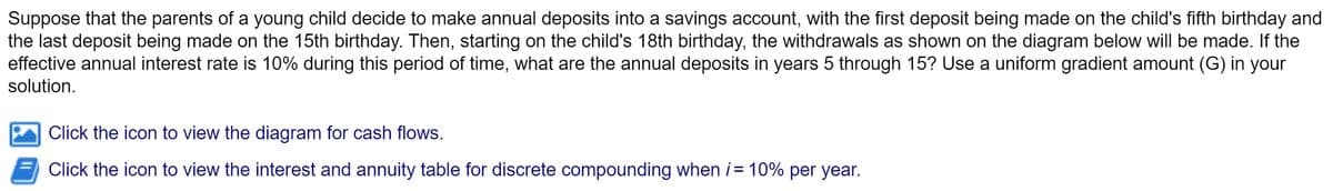 Suppose that the parents of a young child decide to make annual deposits into a savings account, with the first deposit being made on the child's fifth birthday and
the last deposit being made on the 15th birthday. Then, starting on the child's 18th birthday, the withdrawals as shown on the diagram below will be made. If the
effective annual interest rate is 10% during this period of time, what are the annual deposits in years 5 through 15? Use a uniform gradient amount (G) in your
solution.
Click the icon to view the diagram for cash flows.
Click the icon to view the interest and annuity table for discrete compounding when i= 10% per year.
