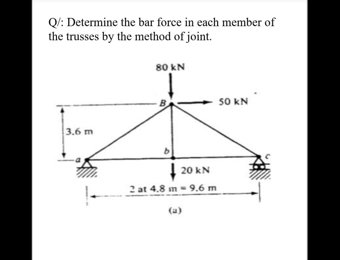 Q/: Determine the bar force in each member of
the trusses by the method of joint.
80 kN
50 kN
3.6 m
20 kN
2 at 4.8 m 9.6 m
!-
(a)
