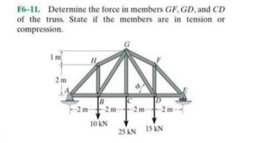 F6-11. Determine the force in members GF. GD, and CD
of the truss. State if the members are in tension or
compression.
1m
B
2m 2m-
2 m
10 kN
2m
25 kN 15 kN