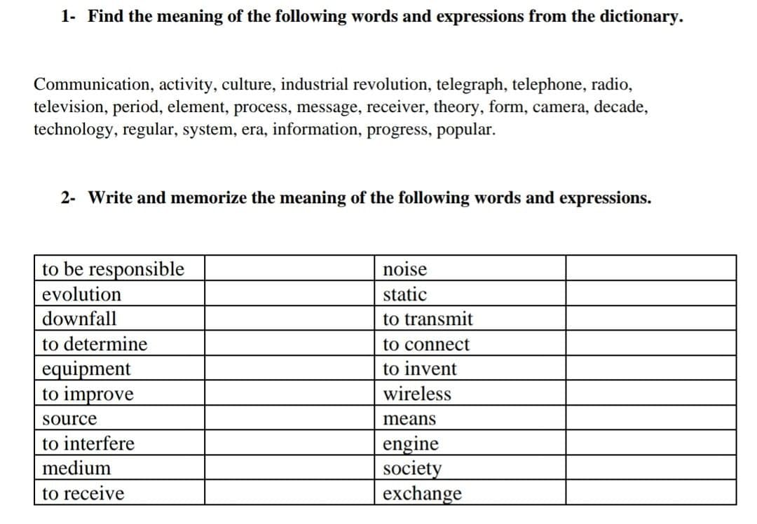 1- Find the meaning of the following words and expressions from the dictionary.
Communication, activity, culture, industrial revolution, telegraph, telephone, radio,
television, period, element, process, message, receiver, theory, form, camera, decade,
technology, regular, system, era, information, progress, popular.
2- Write and memorize the meaning of the following words and expressions.
to be responsible
noise
static
evolution
downfall
to transmit
to determine
to connect
equipment
to invent
to improve
wireless
source
means
to interfere
engine
medium
society
to receive
exchange