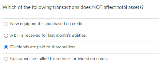 Which of the following transactions does NOT affect total assets?
New equipment is purchased on credit.
O A bill is received for last month's utilities.
Dividends are paid to shareholders.
O Customers are billed for services provided on credit.

