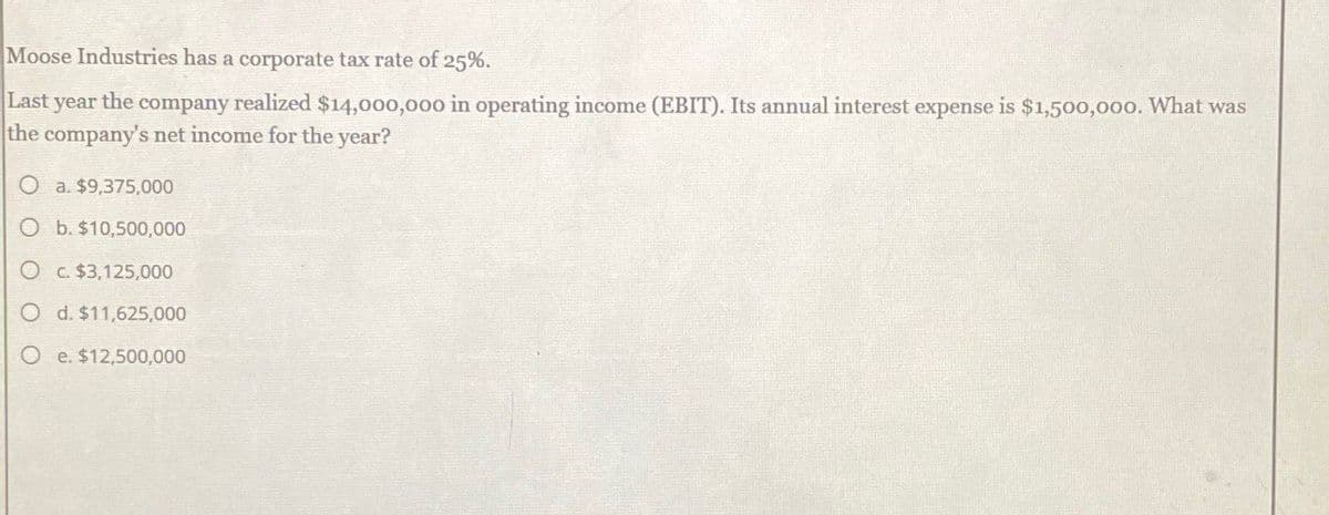 Moose Industries has a corporate tax rate of 25%.
Last year
the c company realized $14,000,000 in operating income (EBIT). Its annual interest expense is $1,500,000. What was
the company's net income for the year?
O a. $9,375,000
O b. $10,500,000
Oc. $3,125,000
O d. $11,625,000
O e. $12,500,000
