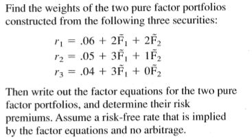 Find the weights of the two pure factor portfolios
constructed from the following three securities:
r1 = .06 + 2F¡ + 2F,
r2 = .05 + 3F, + IF,
r3 = .04 + 3F, + OF,
Then write out the factor equations for the two pure
factor portfolios, and determine their risk
premiums. Assume a risk-free rate that is implied
by the factor equations and no arbitrage.
