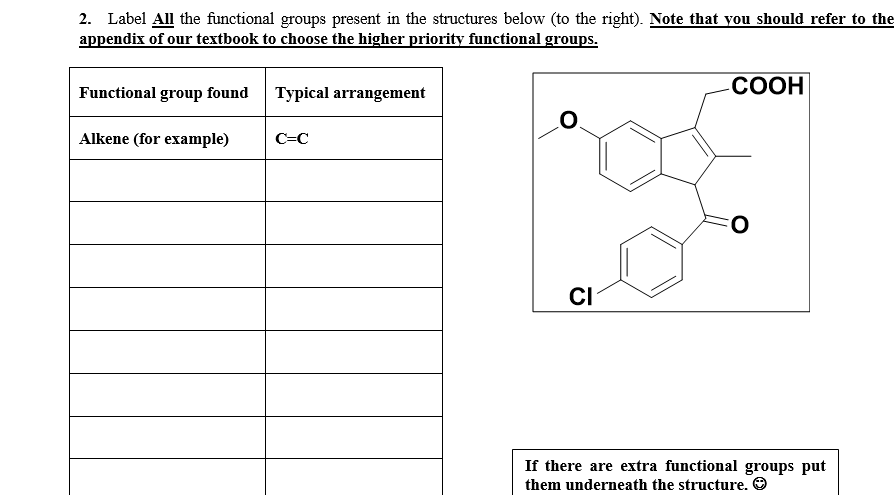 2. Label All the functional groups present in the structures below (to the right). Note that you should refer to the
appendix of our textbook to choose the higher priority functional groups.
СООН
Functional group found
Typical arrangement
Alkene (for example)
O.
C=C
CI
If there are extra functional groups put
them underneath the structure. O
