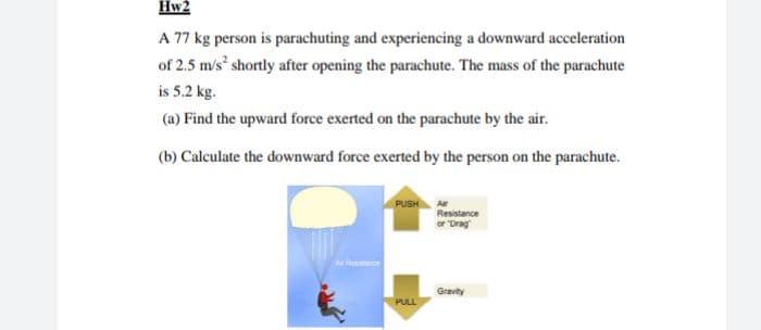 Hw2
A 77 kg person is parachuting and experiencing a downward acceleration
of 2.5 m/s shortly after opening the parachute. The mass of the parachute
is 5.2 kg.
(a) Find the upward force exerted on the parachute by the air.
(b) Calculate the downward force exerted by the person on the parachute.
PUSH A
Resistance
or "Drag
Gravity
PULL
