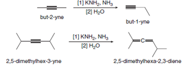 (1) KNH, NH,
[2] H20
but-2-yne
but-1-yne
[1] KNH2, NH,
Г2] Н.о
2,5-dimethylhex-3-yne
2,5-dimethylhexa-2,3-diene
