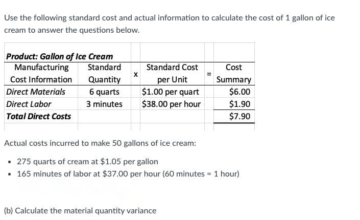 Use the following standard cost and actual information to calculate the cost of 1 gallon of ice
cream to answer the questions below.
Product: Gallon of Ice Cream
Manufacturing
Cost Information
Standard
Standard Cost
Cost
X
Quantity
6 quarts
Summary
$6.00
$1.90
per Unit
$1.00 per quart
$38.00 per hour
Direct Materials
Direct Labor
3 minutes
Total Direct Costs
$7.90
Actual costs incurred to make 50 gallons of ice cream:
• 275 quarts of cream at $1.05 per gallon
• 165 minutes of labor at $37.00 per hour (60 minutes = 1 hour)
(b) Calculate the material quantity variance
